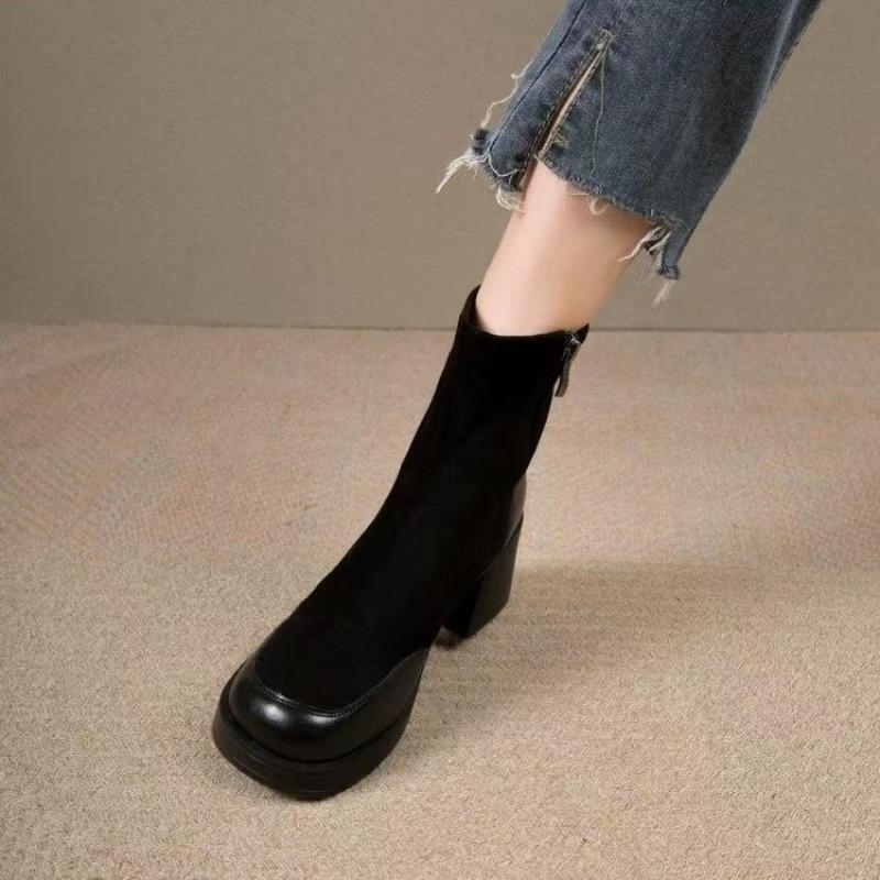 Mittelstiefel Damenmode dicker Absatz dünne Stiefel Frühling und Herbst Einzelstiefel neue Herbst- und Wintermittelabsatz Lammfellstiefel Kurzstiefel