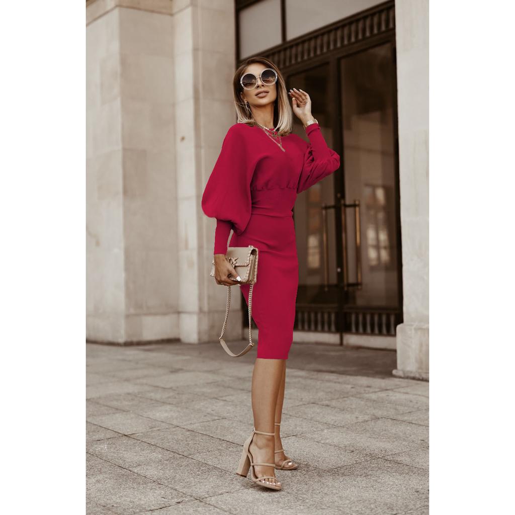 Vestido Lápiz de Invierno para Mujer 2025 | Manga Farol de Color Sólido con Cintura Entallada | Vestido Bodycon de Otoño Ajustado - Falda Cálida de Una Pieza (S-3XL)