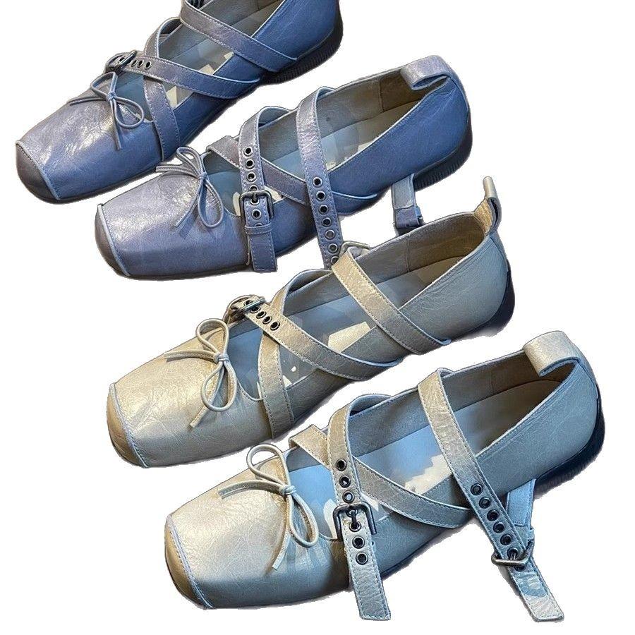 Sheepskin version~ Korean version of square head pig nose Mary Jane women's shoes French shallow mouth bow cross buckle thick heel single shoes