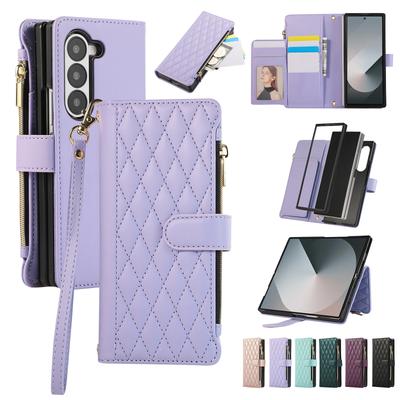 Suitable for Samsung Z Fold7 Mobile Phone Leather Case Z Fold5 Rhombus Small Fragrant Style Zipper Wallet Card Diagonal Span