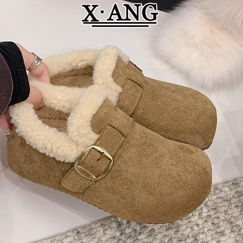 Damen-Samtschuhe mit dicken Sohlen, komplett aus Rindsleder, gefüttert mit verdickter Thermobaumwolle, Slipper aus Lammwolle