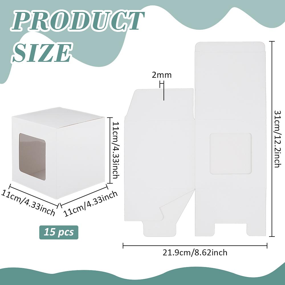 15pcs Paper Packaging Boxes with PVC Window Square White 11x11x11cm