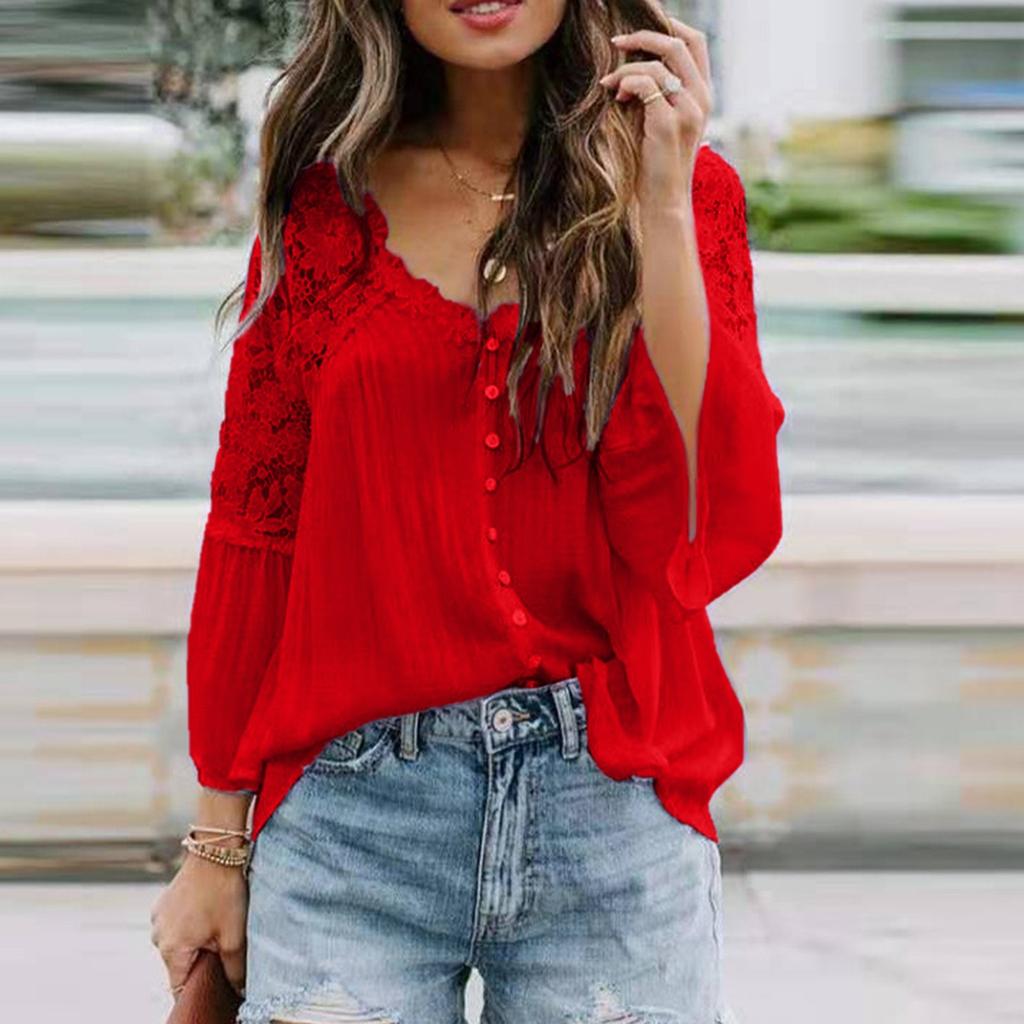 Women's Lace Shirt Women's Long Sleeve Color Deep V Pullover Chiffon Shirt