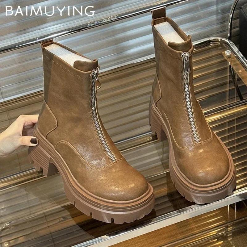Chunky Women Ankle Boots Platform Designer Zippers Mid Heels Shoes 2025 Trend Winter Fad Goth Gladiator Motorcycle Botas Mujer