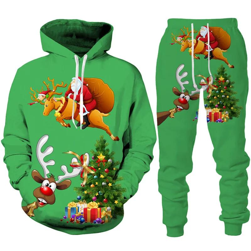 Christmas Santa Claus 3D Print Man Woman Hoodie + Pants 2pcs Sets New Year Holiday Party Casual Oversized Pullover Tracksuit Set