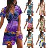 Women Casual Short Sleeve Dress Hawaiian Print V Neck Summer Beachwear Lightweight Comfortable Relaxed Fit Above Knee Length Dress