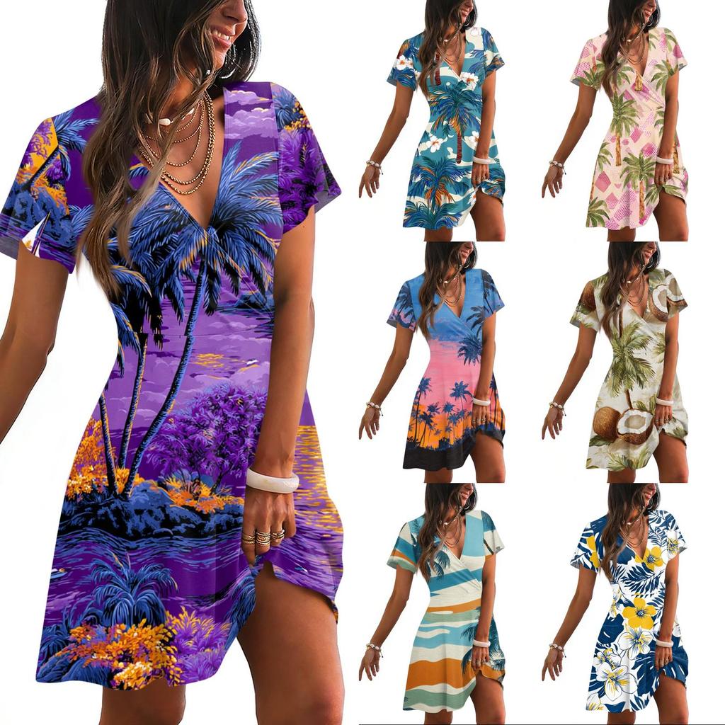 Women Casual Short Sleeve Dress Hawaiian Print V Neck Summer Beachwear Lightweight Comfortable Relaxed Fit Above Knee Length Dress