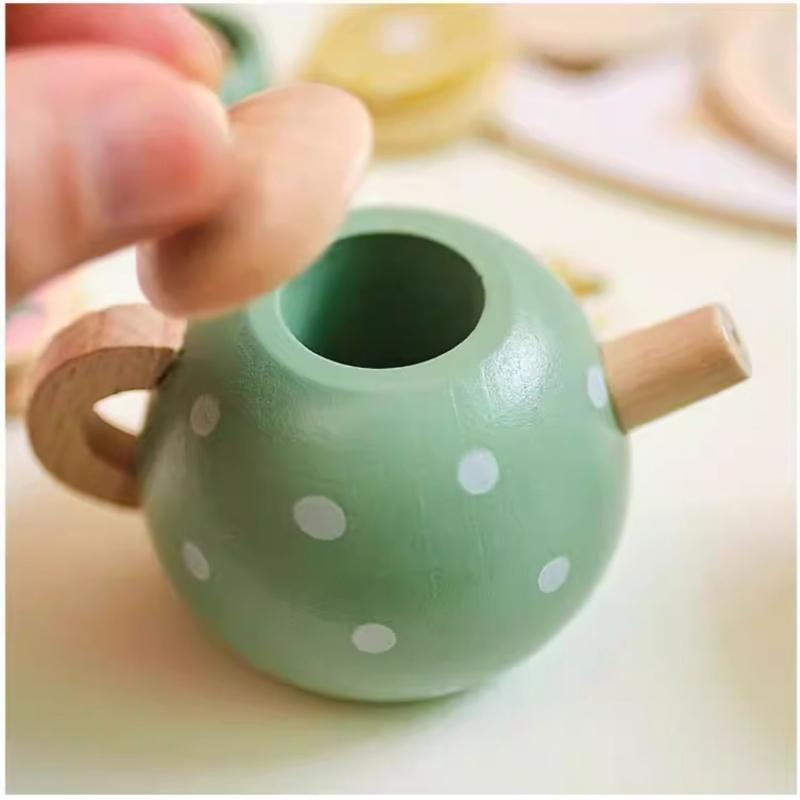 Wooden Kids Tea Set Pretend Play Food Kitchen Accessories Creative Imaginative Toy for Girls Birthday Tea Party Playroom
