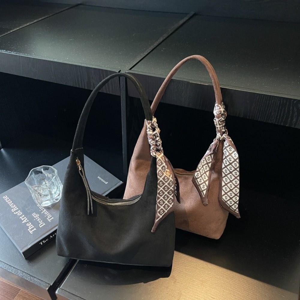 Fashion Faux Suede Underarm Bag Solid Color with Silk Scarf Decoration Shoulder Bag with Zipper Daily Use Tote Bag Women