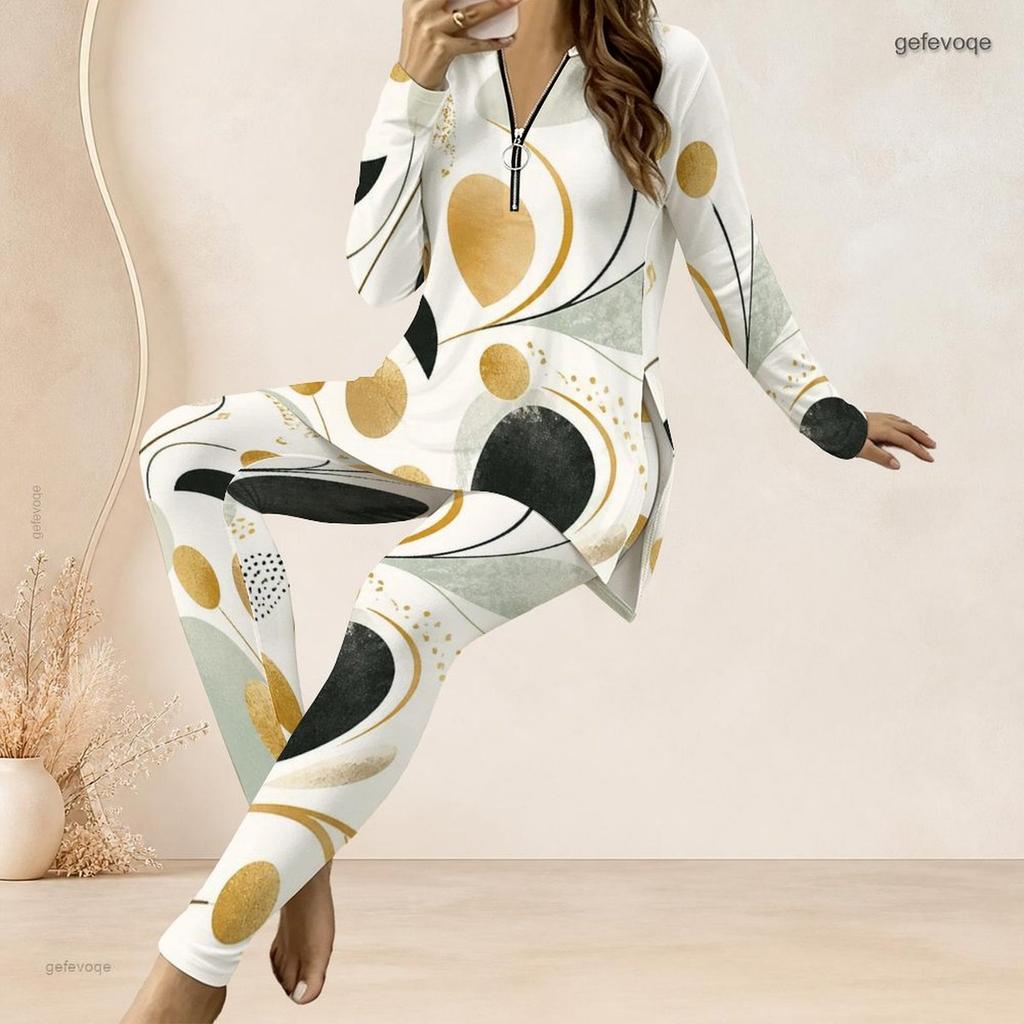 Women Plus Size Two Piece Set Half Zip Long Sleeve Geometric Printed Long Top And Fitted Pants