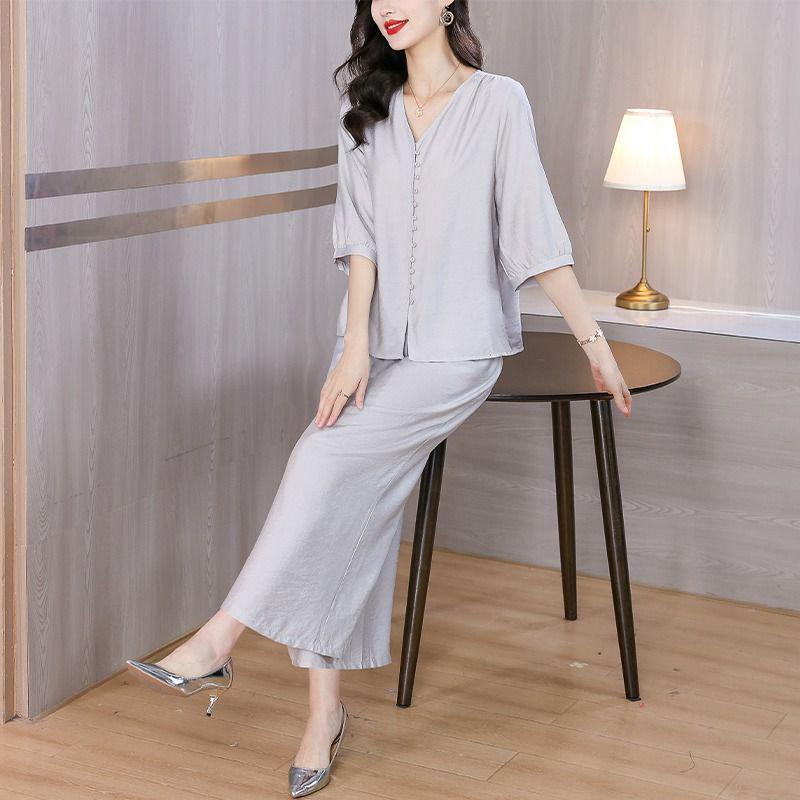 Summer 2026 Women's Cotton Linen Suit - Stylish Solid Color Two-Piece Set for Young Mothers