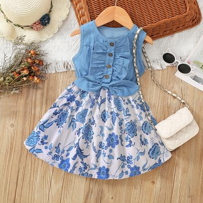 Orta ve küçük çocuk yazlık kız çocuk denim patchwork baskılı yelek elbise