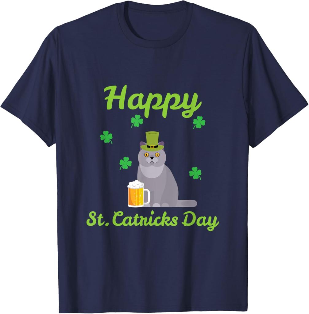 St Catricks Day Funny Cat Wearing Leprechaun Hat Beer Graphic Tee Casual TShirt