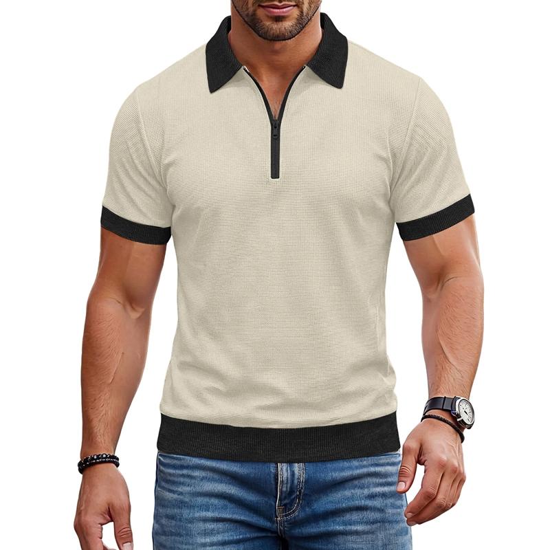 Summer Men's Short Sleeve Zipper Polo Shirts Color Block Casual T-Shirt for Men Lightweight Shirts Laple Wicking Streetwear Tee