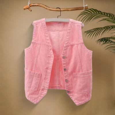 Women Denim Vest with Pockets Sleeveless Buton-down Loose Solid Color Cardigan V Neck Urban Style Waistcoat for Outdoor Travel Commuting