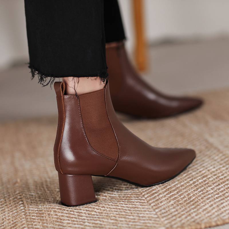 Krazing Pot Kravská kůže Zimní Špičaté špičky Silné střední podpatky Chelsea boty Dámské Nazouvací Velká velikost Retro Stručný styl Kotníkové boty