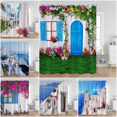 Tenda da Doccia Greek Town Vista Strada Greca Vista Mare Porta Blu Paesaggio Grecia Tenda Bagno Pianta Fiorita Decorazione Bagno con Gancio