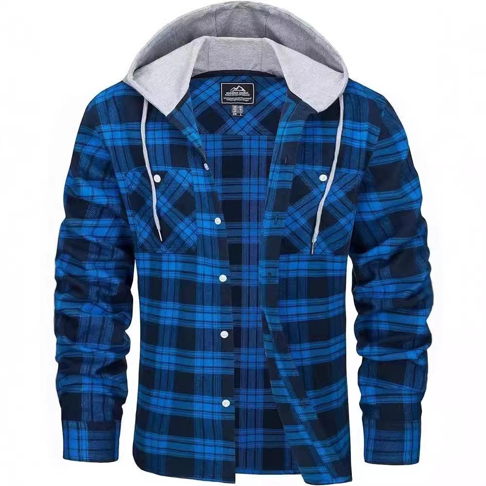 Pánská flanelová košile na podzim a zimu, bavlněná košile s dlouhým rukávem s kostkovaným vzorem, ležérní košile s kapucí