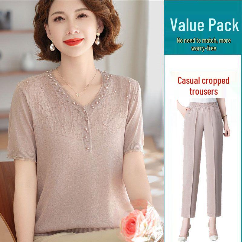 Mom's Summer Ice Silk V-Neck Short-Sleeve T-Shirt for Middle-Aged & Elderly Women - Loose Plus Size Top Set