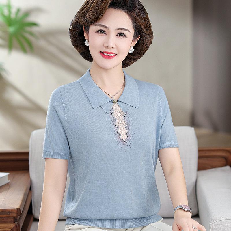 

Luxury Pure Mulberry Silk Short-Sleeve T-Shirt for Women, Perfect for Middle-Aged and Elderly Mothers - Summer Knit Lapel Top 5XL (150-165 jin) синий