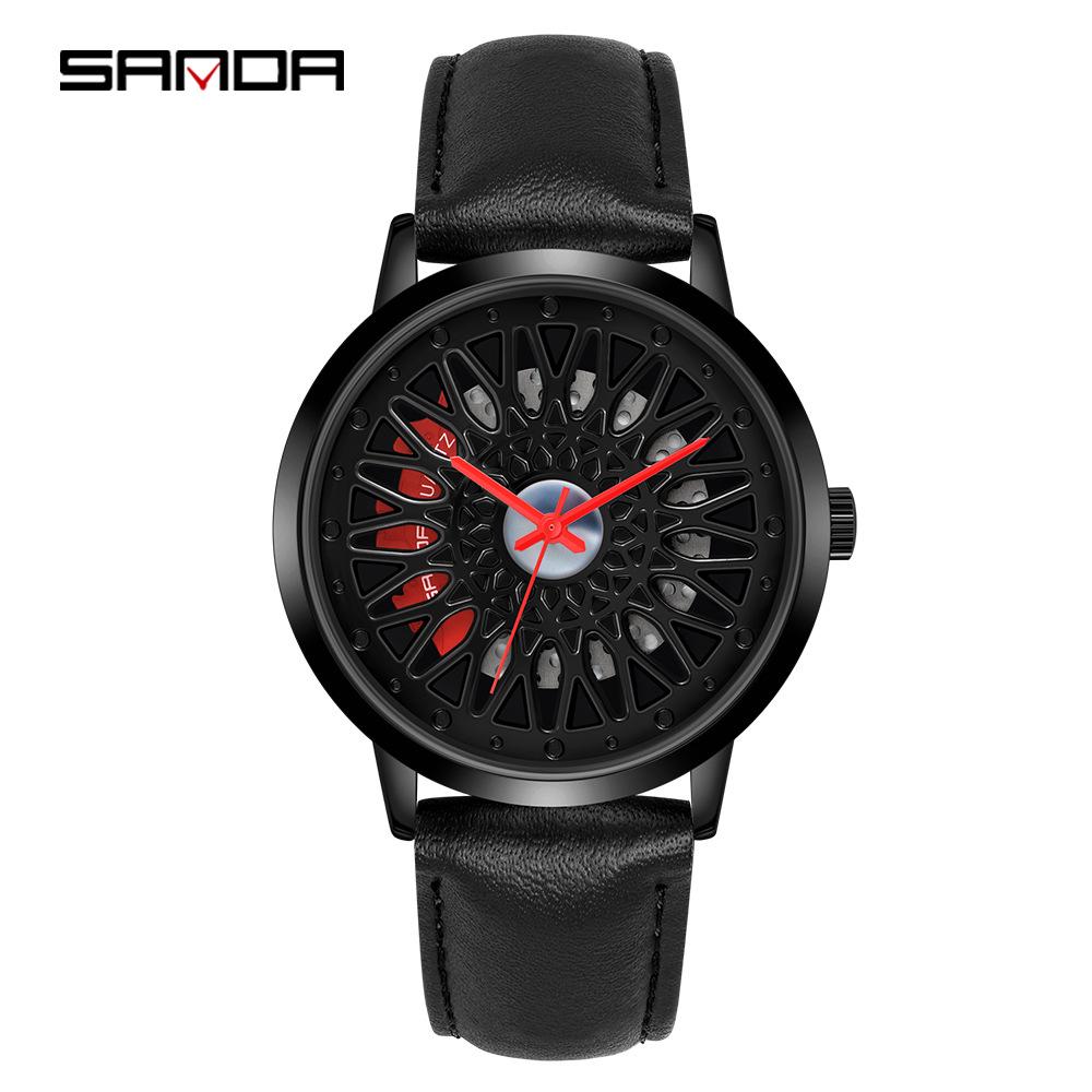 Sanda Men's 1061 Waterproof Leather Strap Watch with Trendy Hollow Dial
