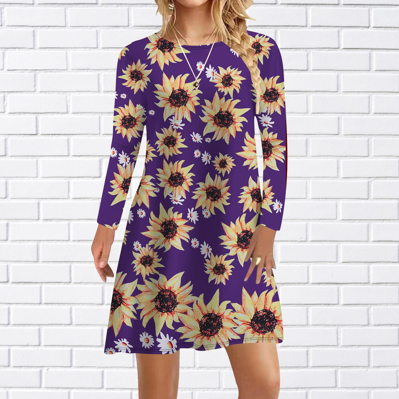 

Жіноча повсякденна сукня Осінь Чорна сукня з принтом хризантем для жінок Круглий виріз Короткий рукав Сукня великого розміру 8XL фіолетовий
