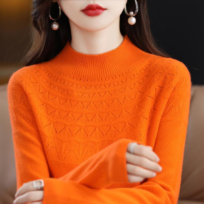Women's Slimming 100% Wool Half-High Neck Sweater, Seamless Cashmere Knit Base Layer, Autumn Winter Loose Top with Hollow-Out Design