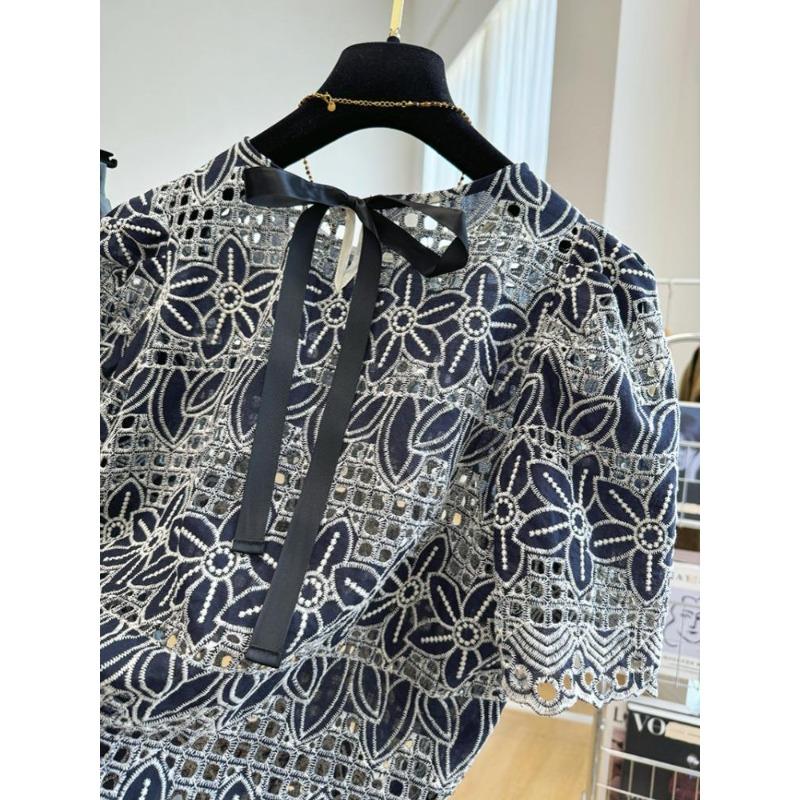 Summer Lace Hollow Out Short Sleeve Round Neck Blouse Women Elegant Embroidery Loose Fit Youthful Shirt