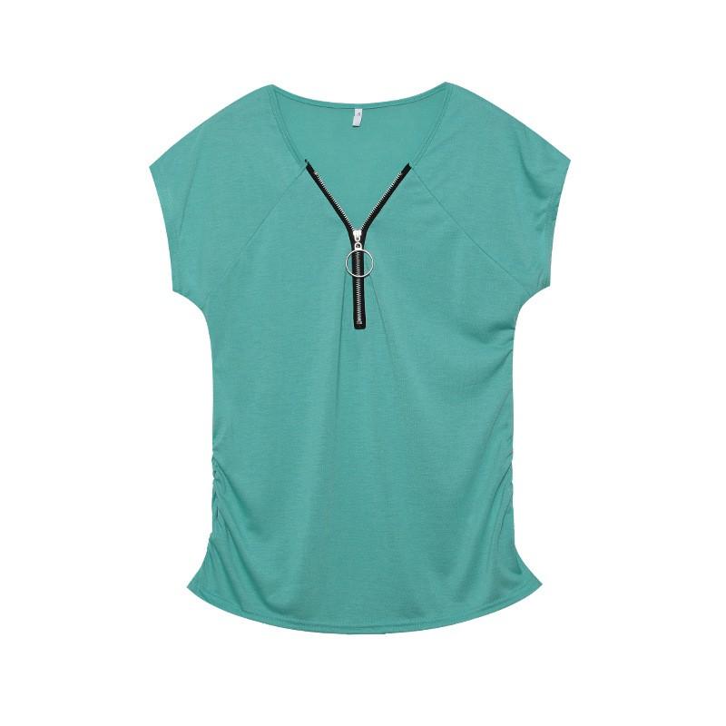 Womens 2026 Casual Short Sleeve T-Shirt With Front Zipper Ruched Detail Round Neck High-Waist Fit