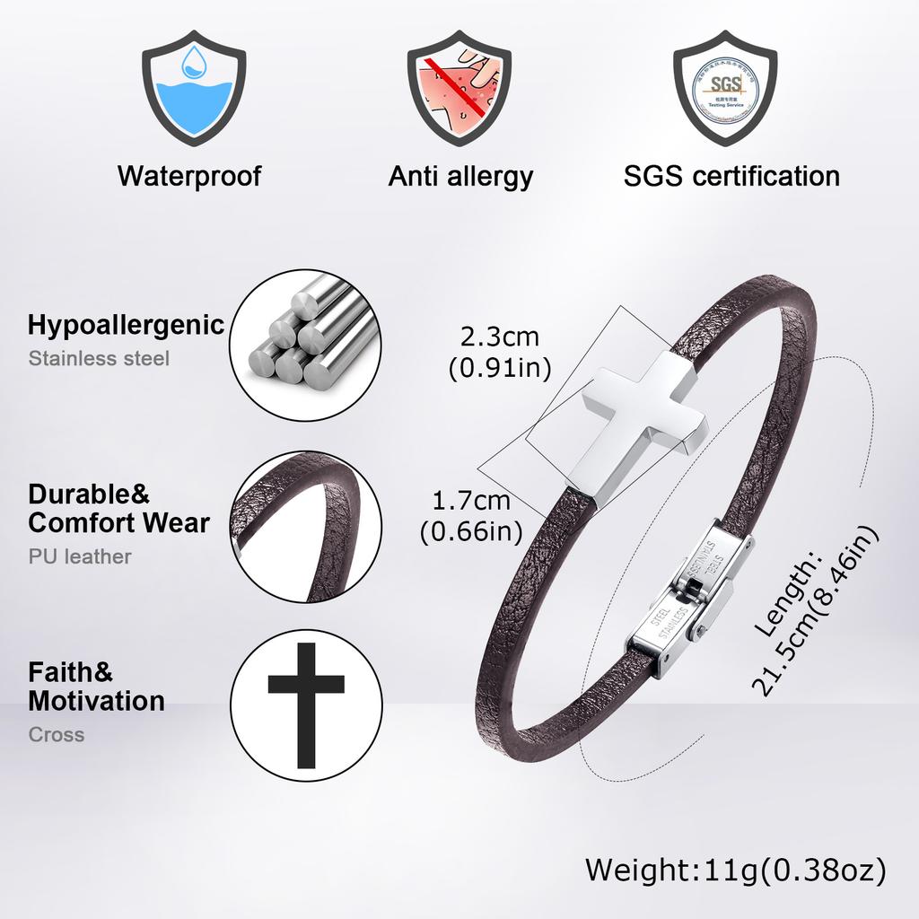 Cross Bracelet for Men Boys,Stainless Steel Cross Charm PU Leather Rope Bracelet,Casual Jewelry Gift