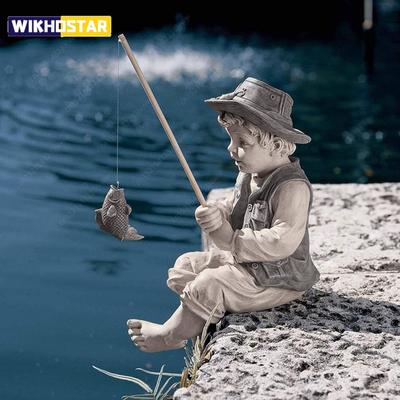 Garden Statue Gone Fishing Boy Yard Ornaments Resin Fisherman Funny Lawn Sculpture Home Decoration Support Dropshipping