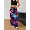 Women's Wide Leg Pants, Purple Bottom and Multi-Colour Inkjet Print - Lightweight Breathable Straight Pants, Drawstring Waist