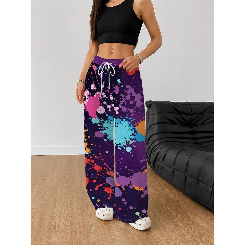 Women's Wide Leg Pants, Purple Bottom and Multi-Colour Inkjet Print - Lightweight Breathable Straight Pants, Drawstring Waist