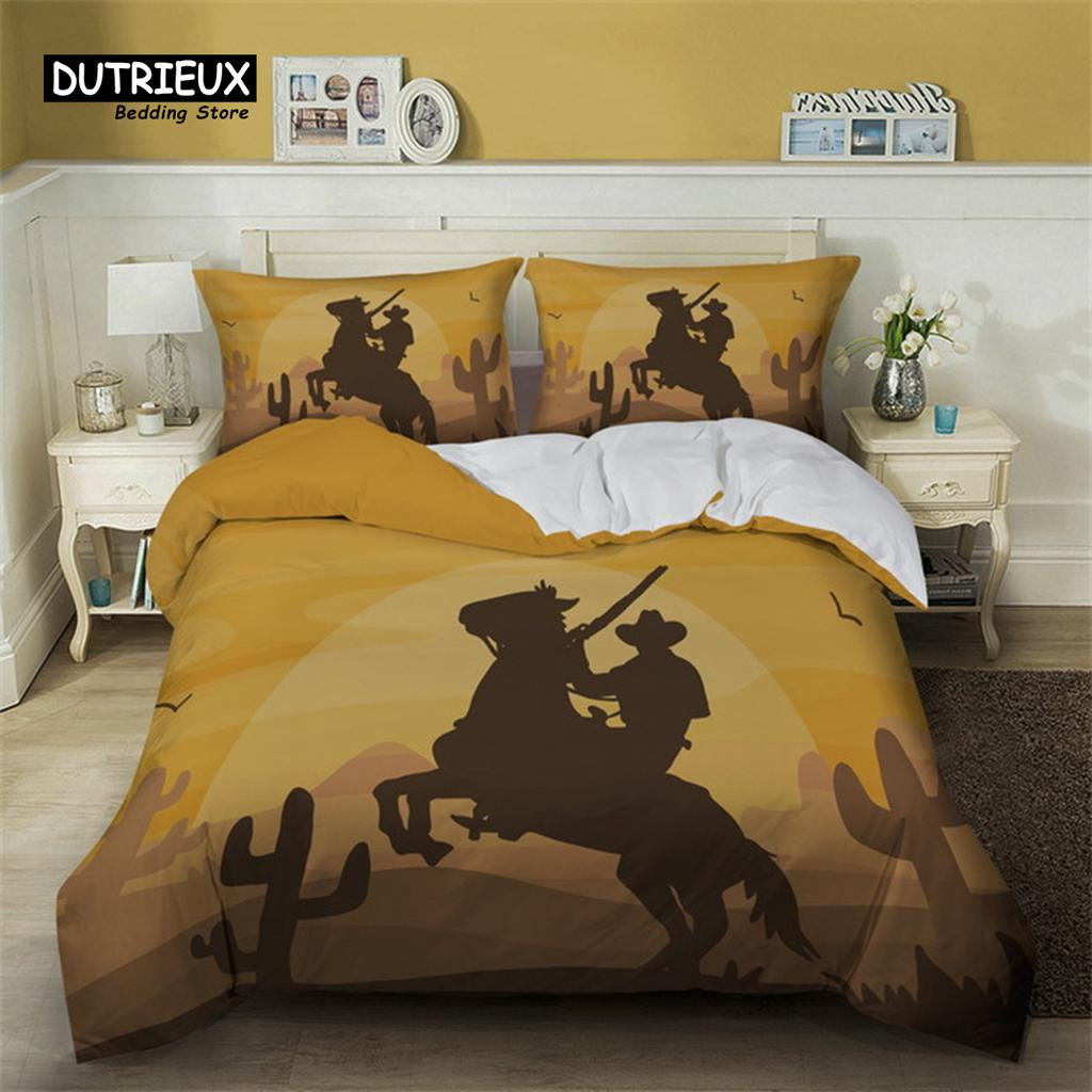 Western Cowboy Duvet Cover Set Traditional Rodeo Hat Bedding Set King For Kids Boys Teens Microfiber Sunset Scenery Quilt Cover