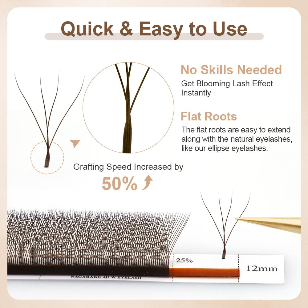 NAGARAKU Castanho Castanho Escuro 3D/4D/5D Forma W Ventiladores Pré-feitos Ondulados à Mão Extensões de Pestanas Pestanas Completas Naturais Suaves Leves Fosco Densos