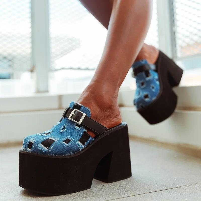 Eilyken Spring Design Belt Buckle Chunky Platform Wedges Women Slippers Elegant Round Toe Square High Heels Mule Shoes
