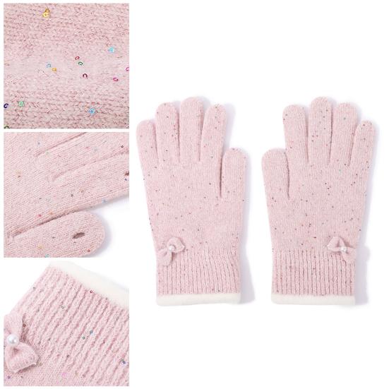 Women Winter Gloves Warm Touch Screen Gloves with Bow-Tie Sequins Knitted Thickened Gloves for Daily Outings Dating Party