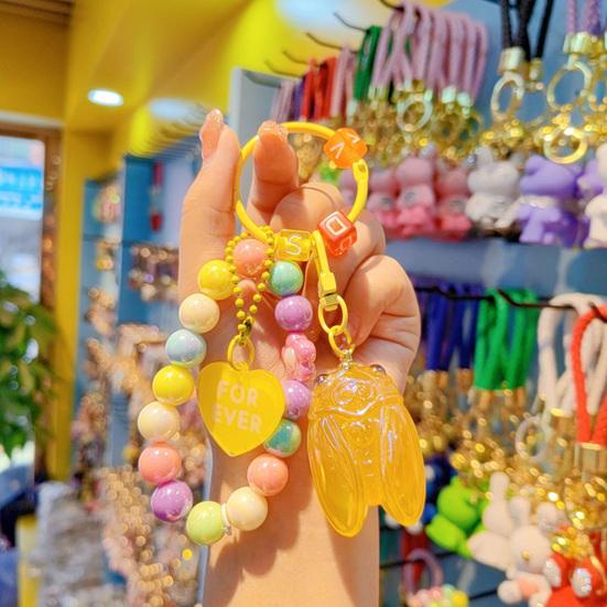 Keychain Strong Load-Bearing Macaron Color Beads Key Chain with Glitter Cicada Pendant Portable Anti-Lost Mobile Phone Chain Bag Hanger