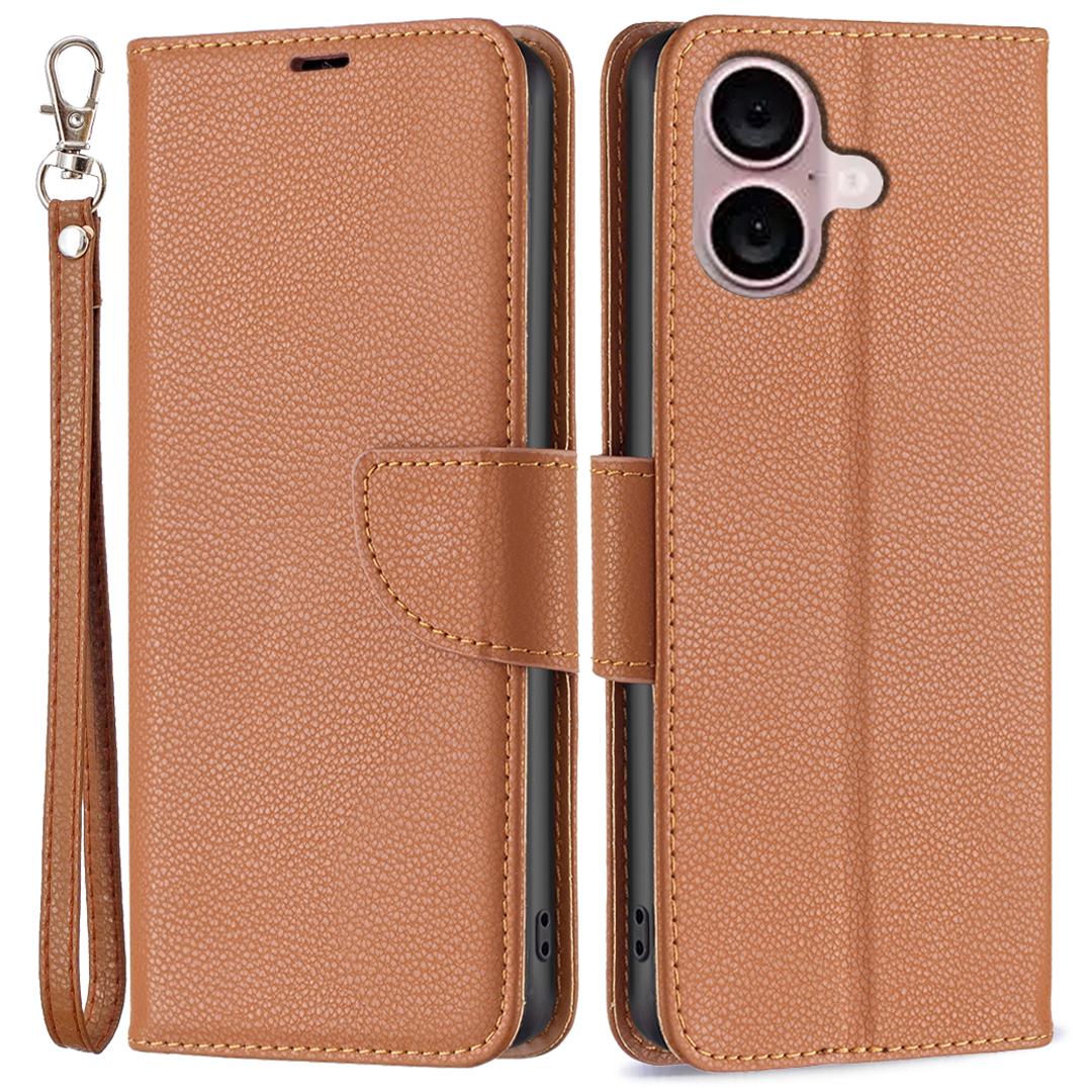 

For iPhone 16 Plus Case Litchi Texture Leather Wallet Support Stand Phone Cover Brown