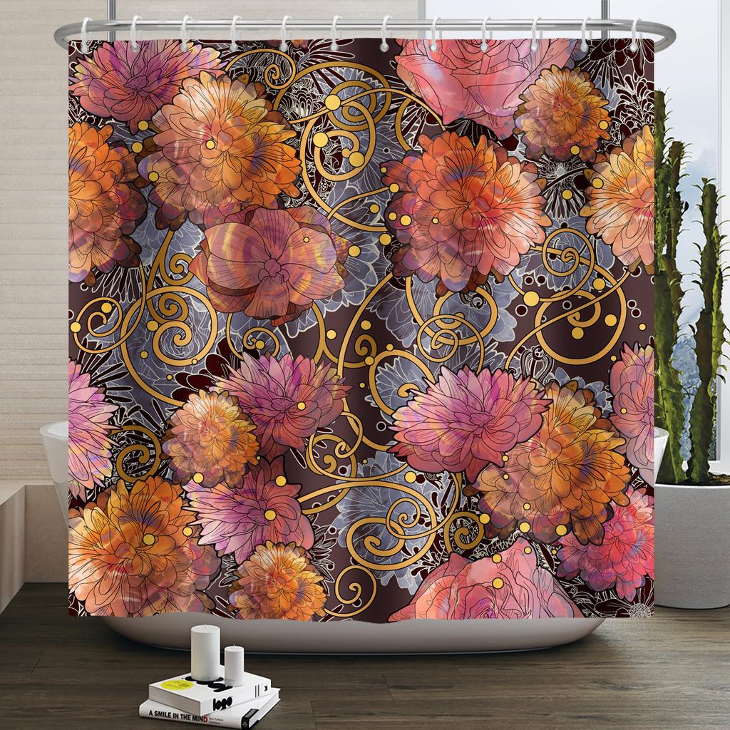 Floral Shower Curtain Flower Butterfly Waterproof Polyester Bathroom Curtain With Hooks Bathtub Screen