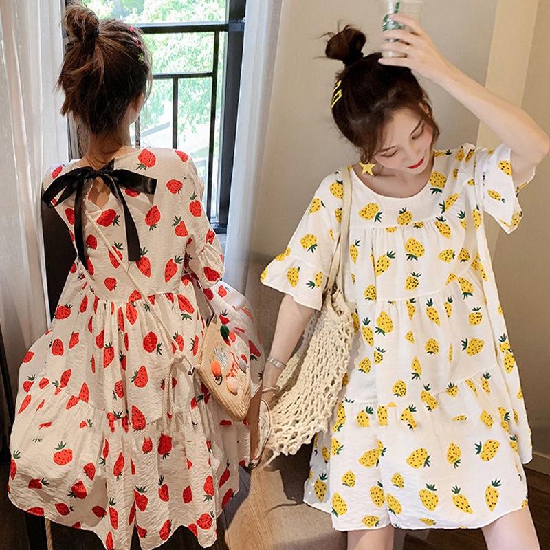 Korean Style Strawberry Maternity Mid-Sleeve Dress, Summer 2024: Loose, Stylish, Belly-Covering Dress for Expectant Mothers.