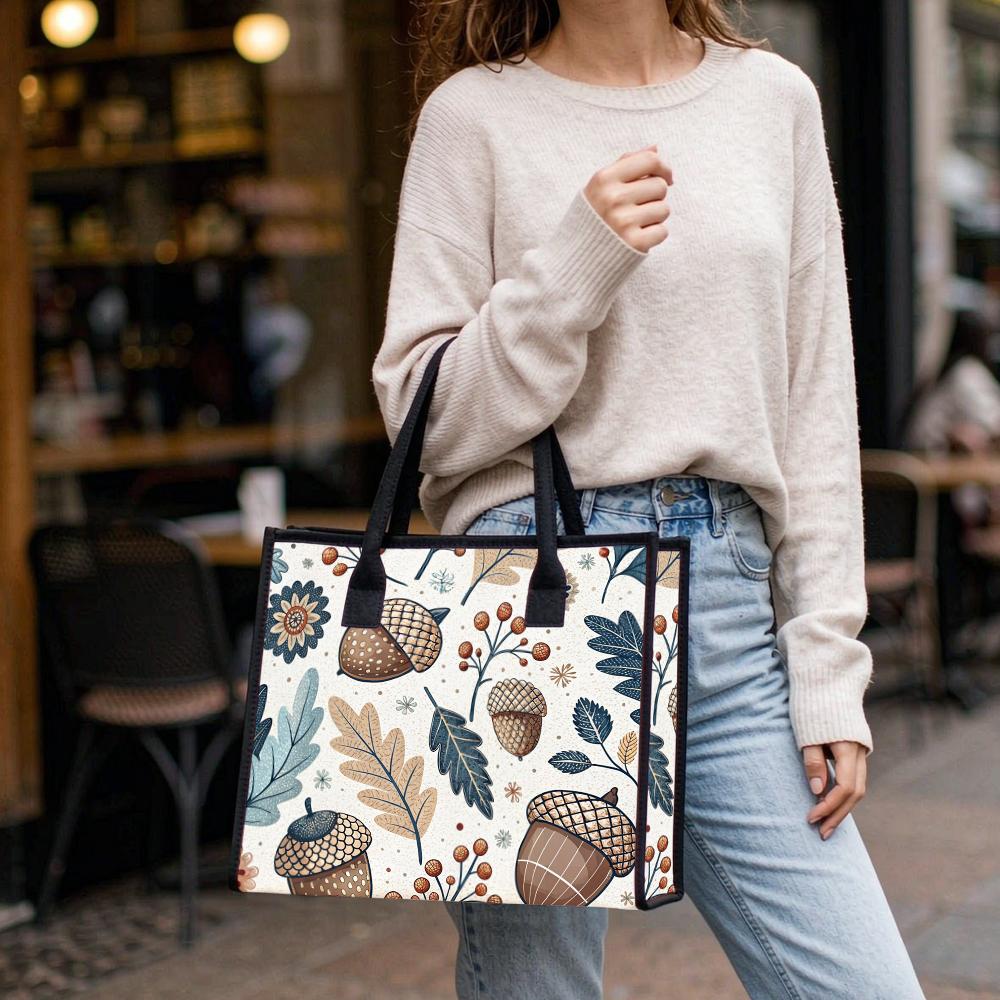 Autumn Acorn Print Canvas Tote Bag Casual Large Capacity Daily Shoulder Handbag for Shopping Work Travel