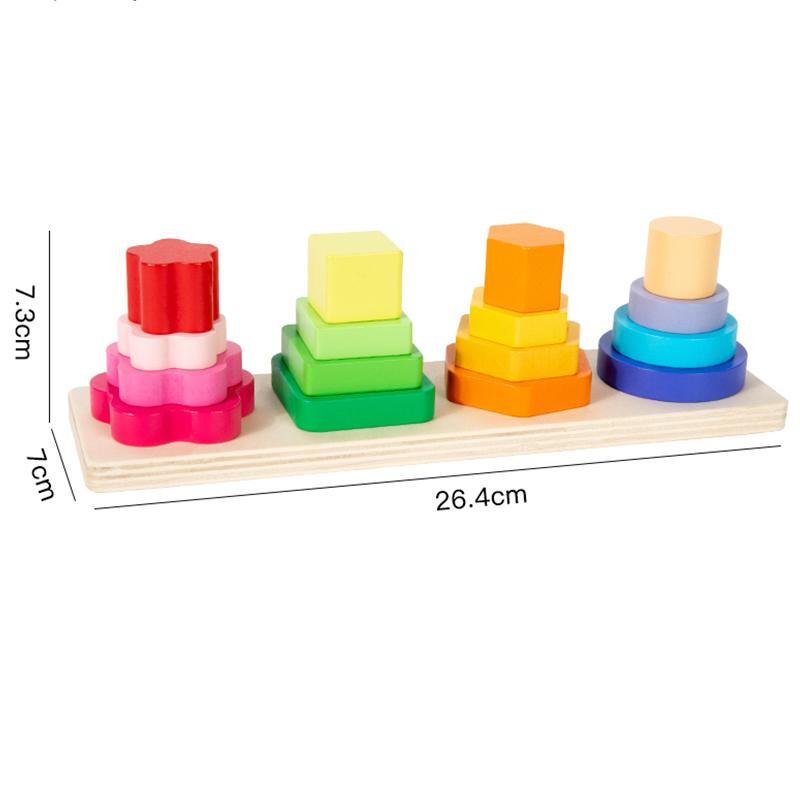 Wooden Four-Column Shape Sorting Stacking Toy - Suitable For Toddlers' Fine Motor Skills And Shape/Color Recognition