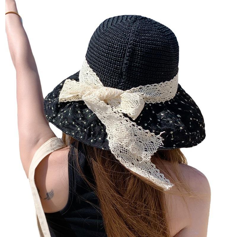 Breathable Hat Summer Women's Outdoor Sweet Sunscreen Hat Mesh Bucket Hat Lace Bow Big Brim