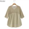 ZANZEA Women Hollow Lace Patchwork V-Neck 3/4 Sleeve Loose Casual Blouse