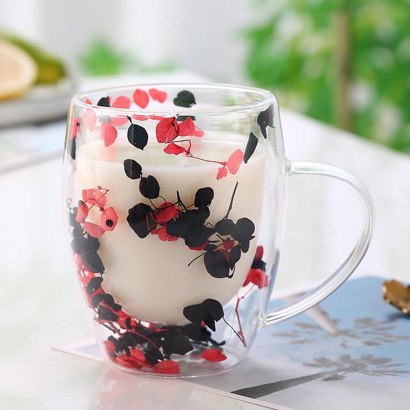 350ml Dried Flower Double Walled Glass Mug Cup Coffee Mug with Dry Flowers Decorative Flower Mug Double Wall Flower Cup 350ML
