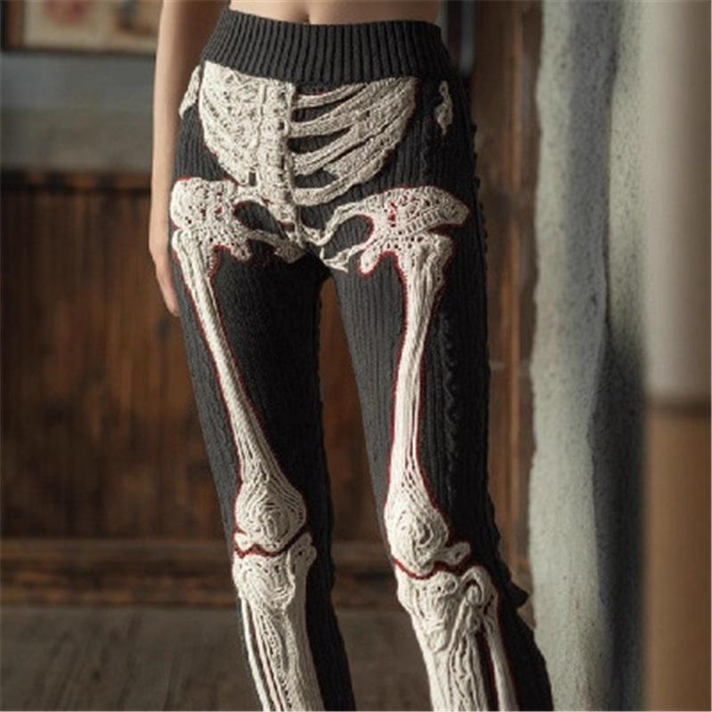 Haohx99 Women's Vintage 3D Knit Leggings Gothic Print High Waist Skinny Pants Y2k Punk Streetwear Stretch Slim Trousers Cm
