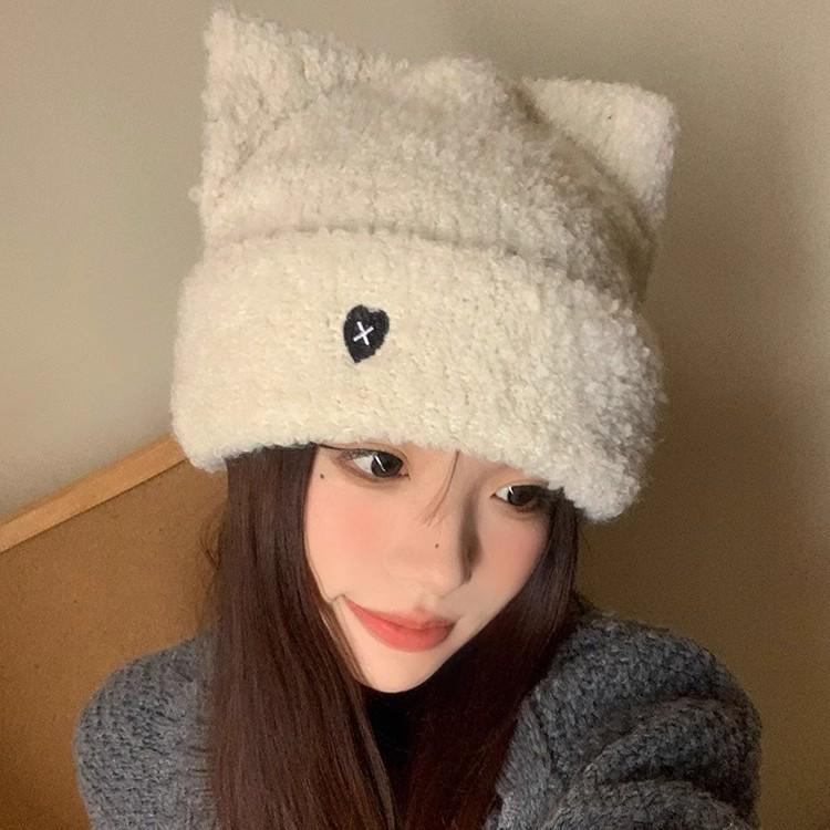 Hats for Women Knitted Cute Cat Ear Knitted Hat Love Embroidery Knitted Wool Hat Winter Warm Ear Protection Cold Hat