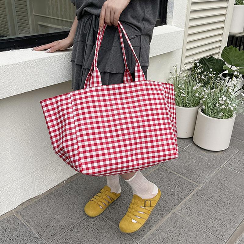 Large Capacity Plaid Women's Canvas Shoulder Bags Simple Commuter Female Shopping Bag College Girls Book Tote Travel Handbags