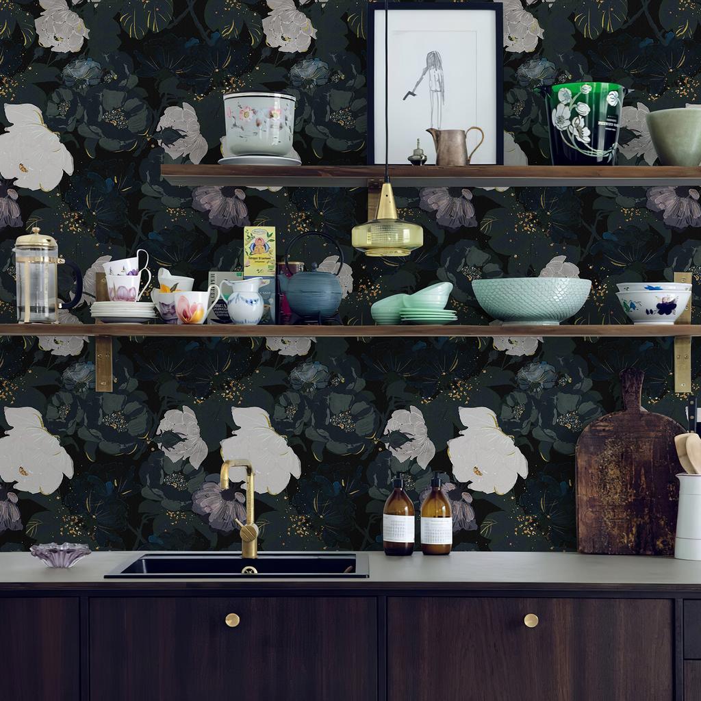 Dark Black Peel And Stick Floral Wallpaper Traditional Festival Vinyl Wall Decor White Flower Self Adhesive Cabinet Sticker